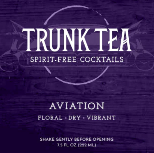 Trunk Tea Aviation cocktail label on a dark purple background