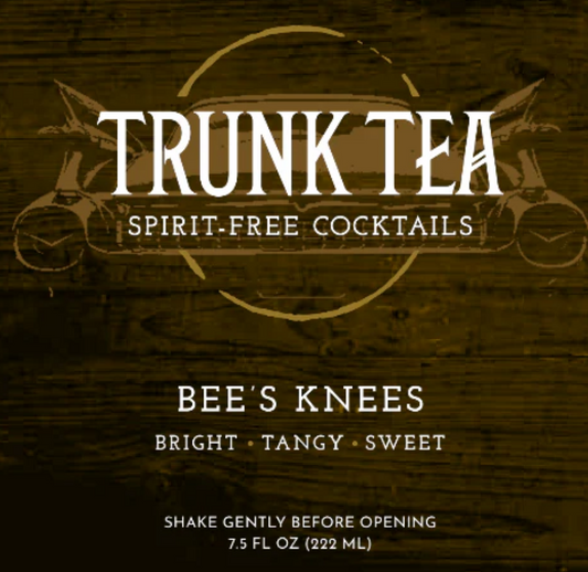 Trunk Tea Bee's Knees cocktail label on a dark background
