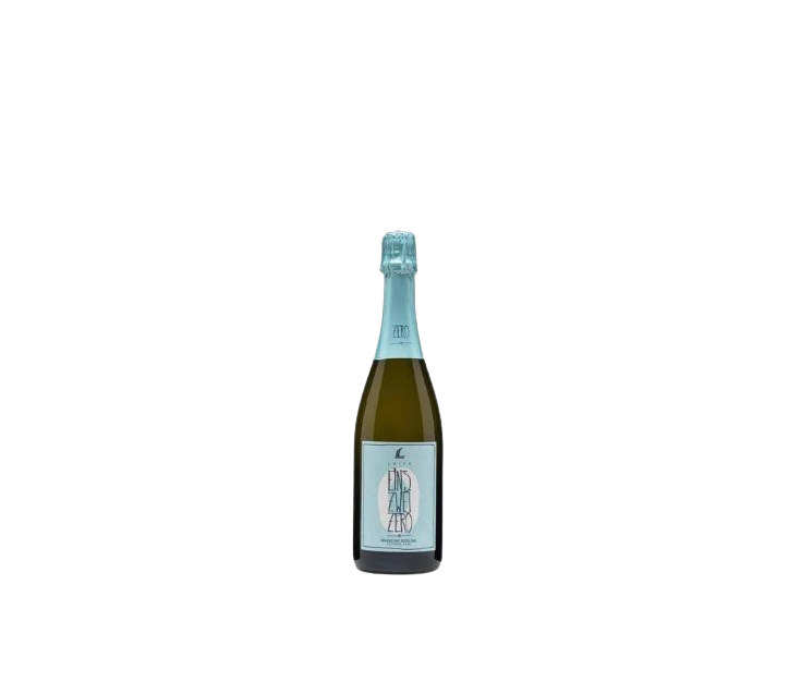 Bottle of sparkling wine with a blue label on a white background