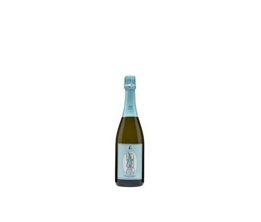 Bottle of sparkling wine with a blue label on a white background