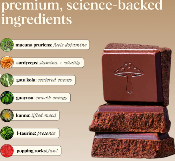A stack of dark chocolate bars on a beige background with text highlighting premium science-backed ingredients, including mucuna pruriens, cordyceps, gotu kola, guayusa, kanna, L-theanine, and popping rocks, each with a small ingredient icon.