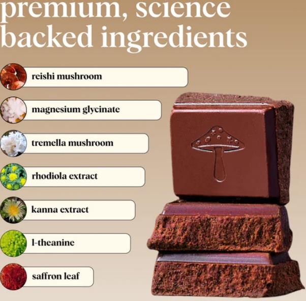 A chocolate bar product shown on a beige background with text listing ingredients: reishi mushroom, magnesium glycinate, tremella mushroom, rhodiola extract, kanna extract, l-theanine, and saffron leaf. The top chocolate piece is dark brown with a pressed mushroom icon.