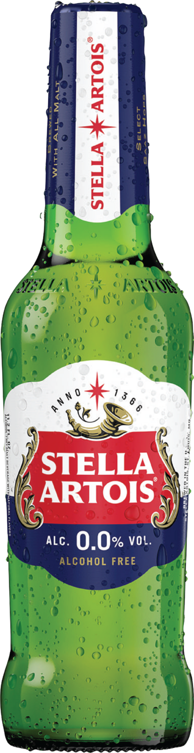 Stella Artois alcohol-free beer bottle with green label