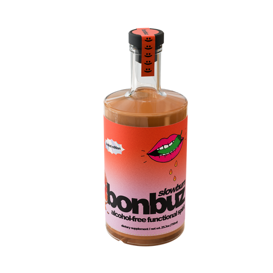 Bottle of 'bonbuz' with a colorful label on a white background