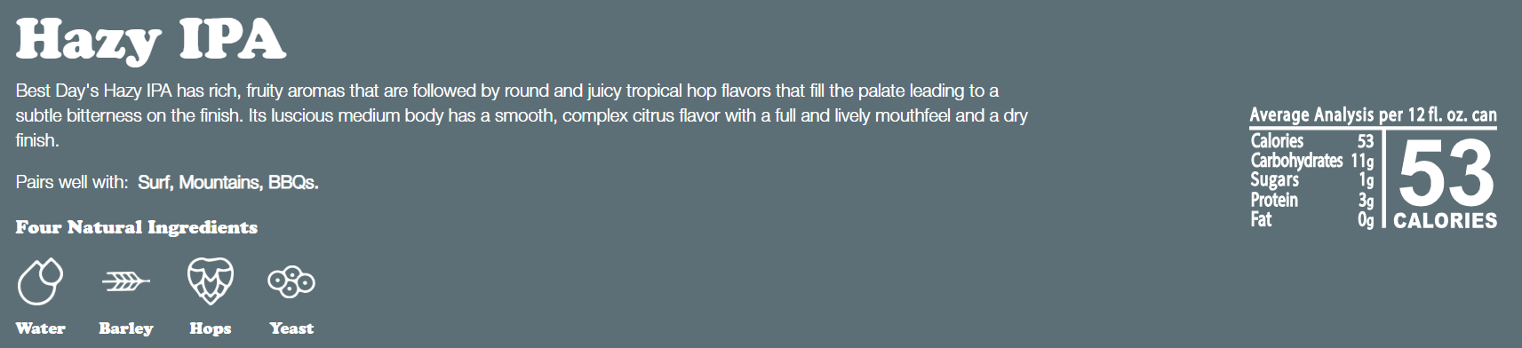 Hazy IPA label with brewing ingredients and nutritional information on a blue background