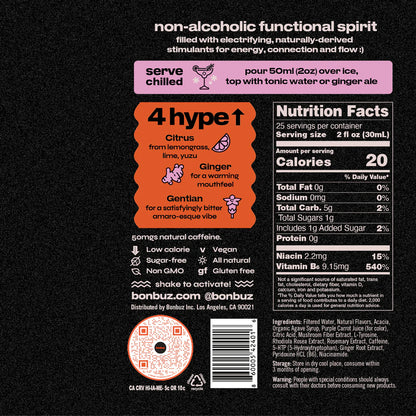 Back label of a non-alcoholic functional spirit product with nutritional information and branding details.