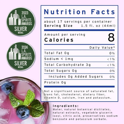 Nutrition facts label for a drink with 2023 L.A. Spirits Awards silver medal badges.
