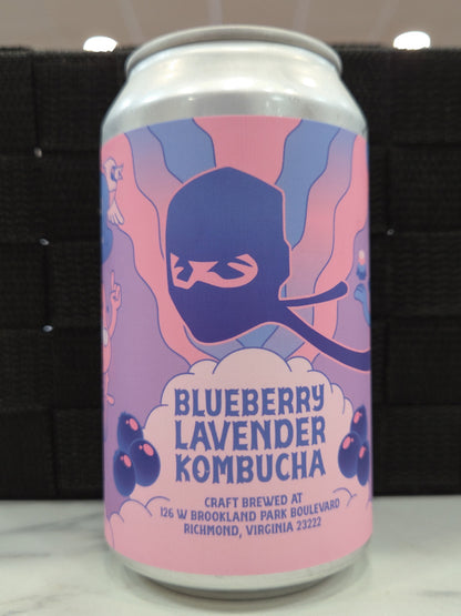 Can of Blueberry Lavender Kombucha with a blue logo on a pink background
