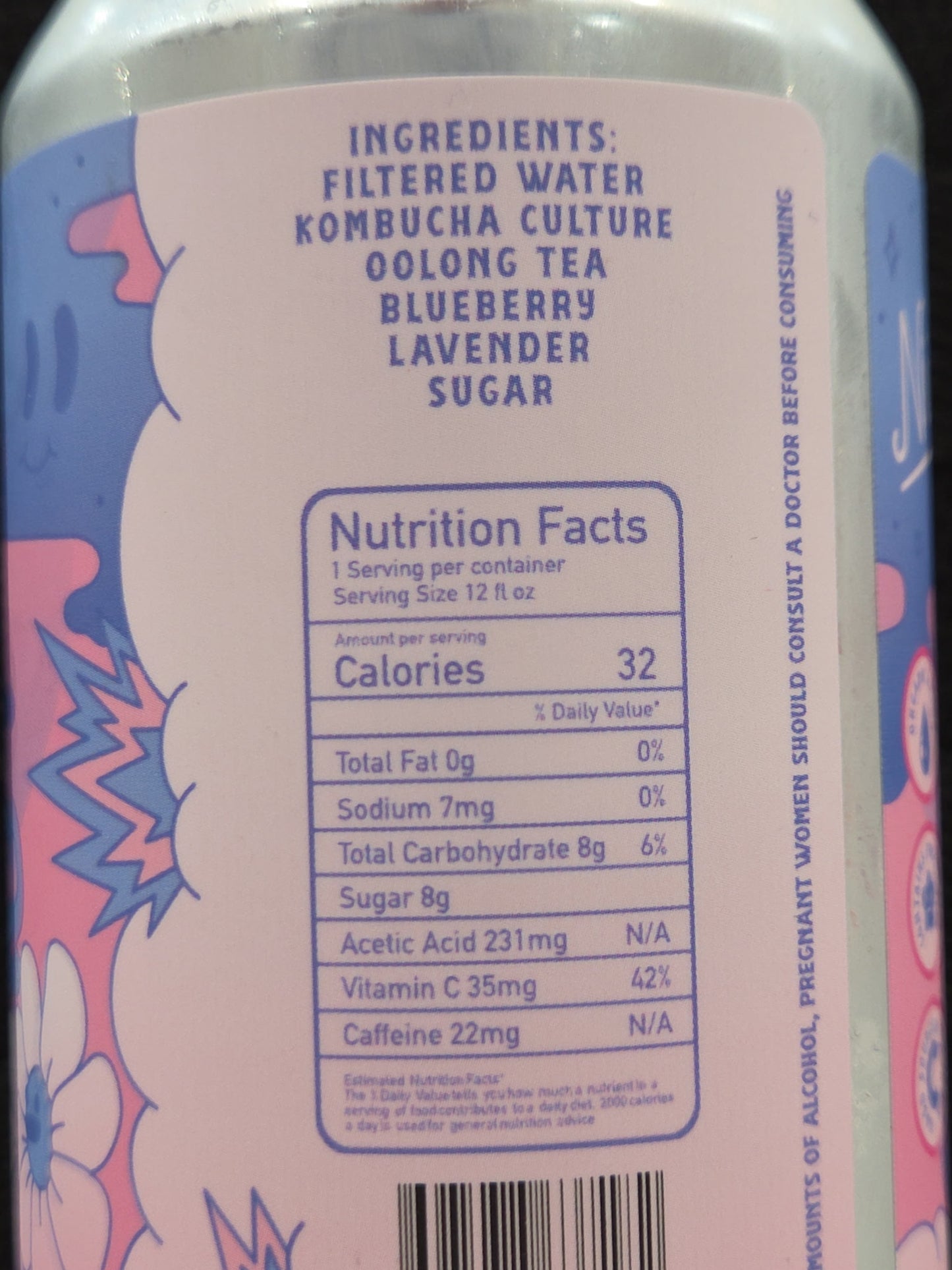 Nutrition facts label on a drink container with colorful design elements.