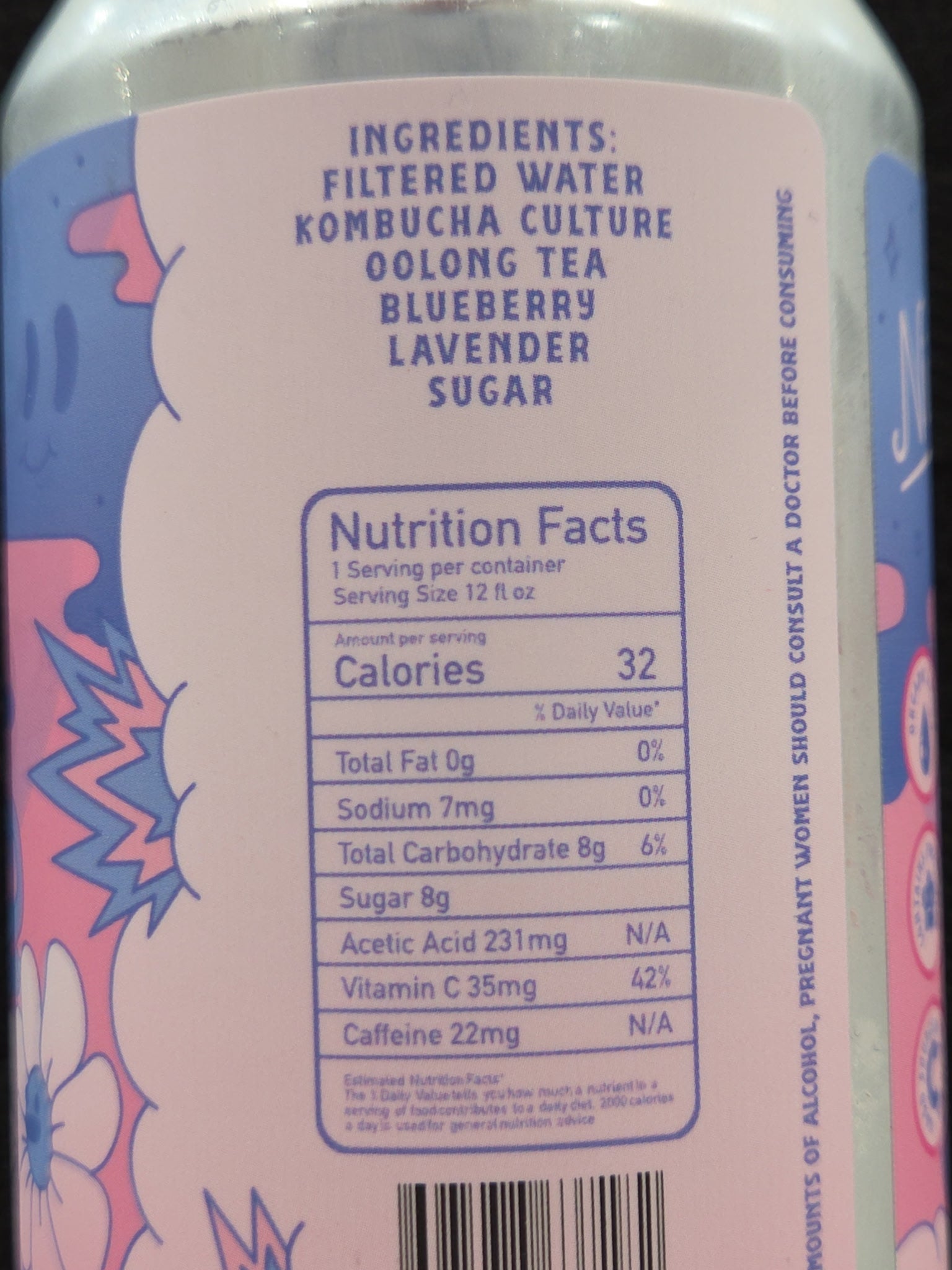 Nutrition facts label on a drink container with colorful design elements.