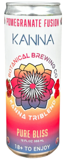 A 12 fl oz can of Kanna Triblend Pure Bliss beverage by Kanna Botanical Brewing Co, featuring a white label with a colorful flower graphic and red, orange, and blue gradient accents.