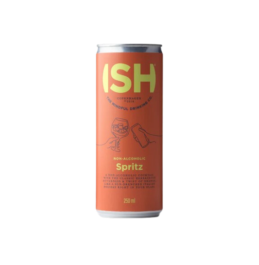 Can of 'ISH' non-alcoholic spritz on a white background