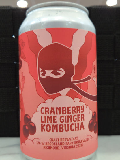 Cranberry Lime Ginger Kombucha can with a red design on a white background
