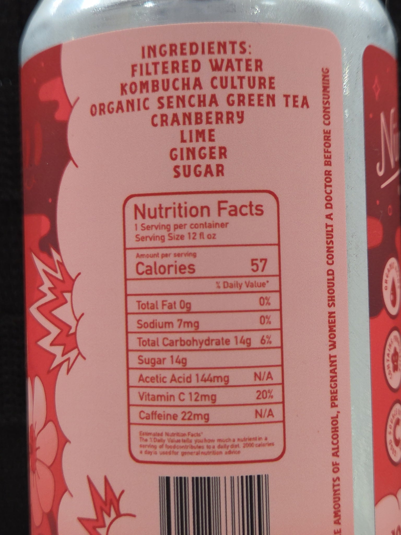 Nutrition facts label on a red can with floral design