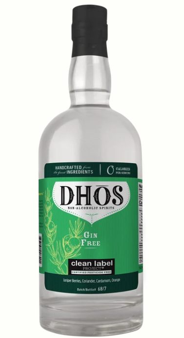 A bottle of DHOS Gin Free non-alcoholic gin with a green and black label, shown on a plain white background.