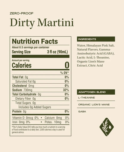 Nutrition facts and ingredients label for a 'Dirty Martini' drink mix.