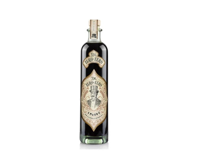 Bottle of Amaro with a decorative label on a white background