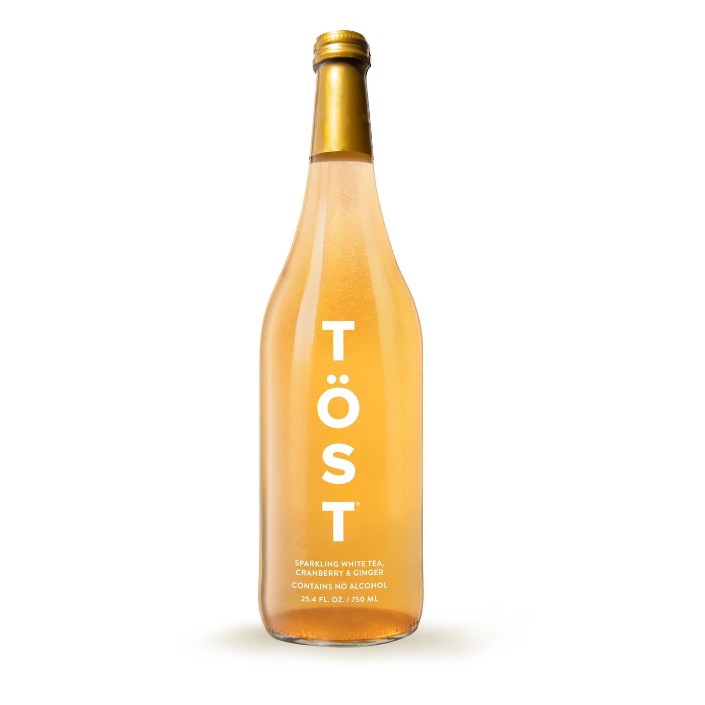Bottle of Töst sparkling white tea, cranberry & ginger on a white background
