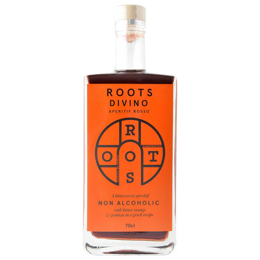 Bottle of Roots Divino non-alcoholic aperitif on a white background