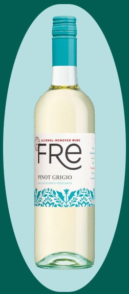 A bottle of FRE Pinot Grigio alcohol-free wine, featuring a white label with a blue pattern and a teal screw cap, set against a teal and light blue oval background.