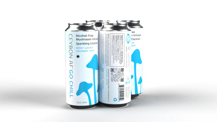 Cans of alcohol-free mushroom-infused sparkling coolers on a white background