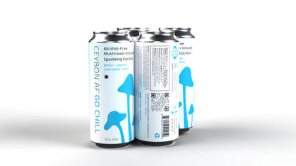 Cans of alcohol-free mushroom-infused sparkling coolers on a white background