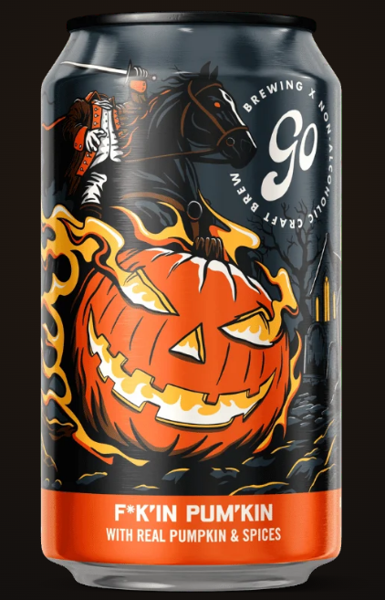 A 16 oz craft beer can from 90 Brewing featuring a Halloween-themed design with a glowing jack-o'-lantern, flames, a dark horse, and a rider. The bottom label is orange and reads 'F*K'IN PUMPKIN WITH REAL PUMPKIN & SPICES'.