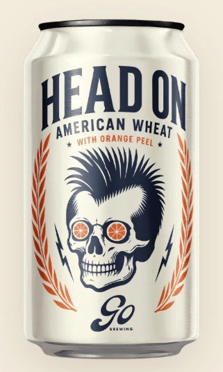 A 16 oz aluminum can of Go Brewing Head On American Wheat beer with orange peel flavor. The can features a white label with a navy blue skull illustration, orange citrus slices in its eyes, and orange laurel wreaths.