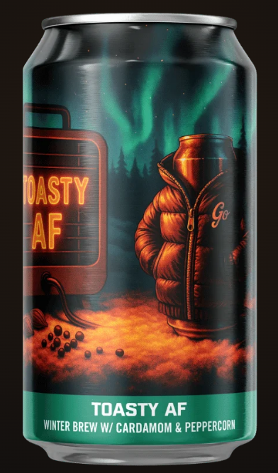 A single beverage can with a dark illustrated label reading 'TOASTY AF' and 'WINTER BREW W/ CARDAMOM & PEPPERCORN.' The label shows a puffer jacket, coffee beans, and a teal aurora-style background.