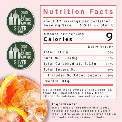 Nutrition facts label for a beverage with 2023 L.A. Spirits Awards silver medal badges.