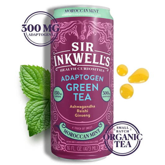 Sir Inkwell's Adaptogen Green Tea can with mint leaves and tea bags on a white background