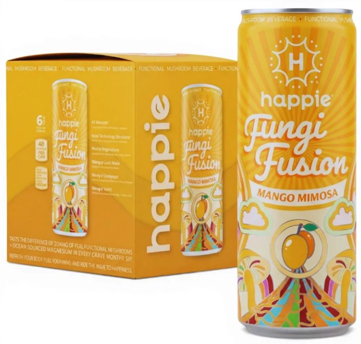A can of happie Fungi Fusion Mango Mimosa beverage next to its matching yellow packaging box, featuring a colorful design with a mango illustration and white branding text.