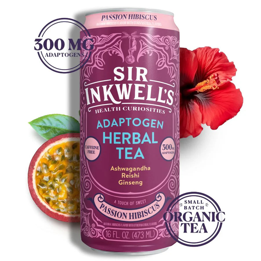 Purple can of Sir Inkwell's Adaptogen Herbal Tea with a passion flower and red hibiscus on a white background