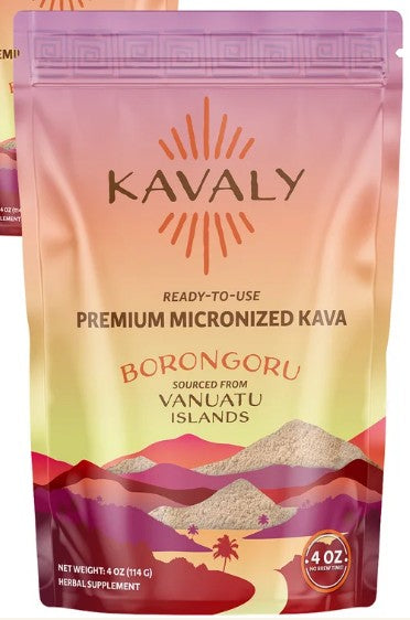 A 4 oz stand-up pouch of Kavaly Borongoru Premium Micronized Kava herbal supplement, featuring a pink-to-yellow gradient with a mountain illustration and the Kavaly brand logo.