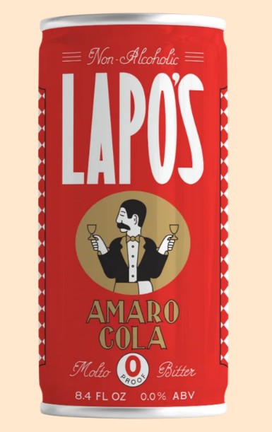A red can of LaPO's Amaro Cola non-alcoholic malta bitter cola, 8.4 fl oz, shown against a solid pale beige background.
