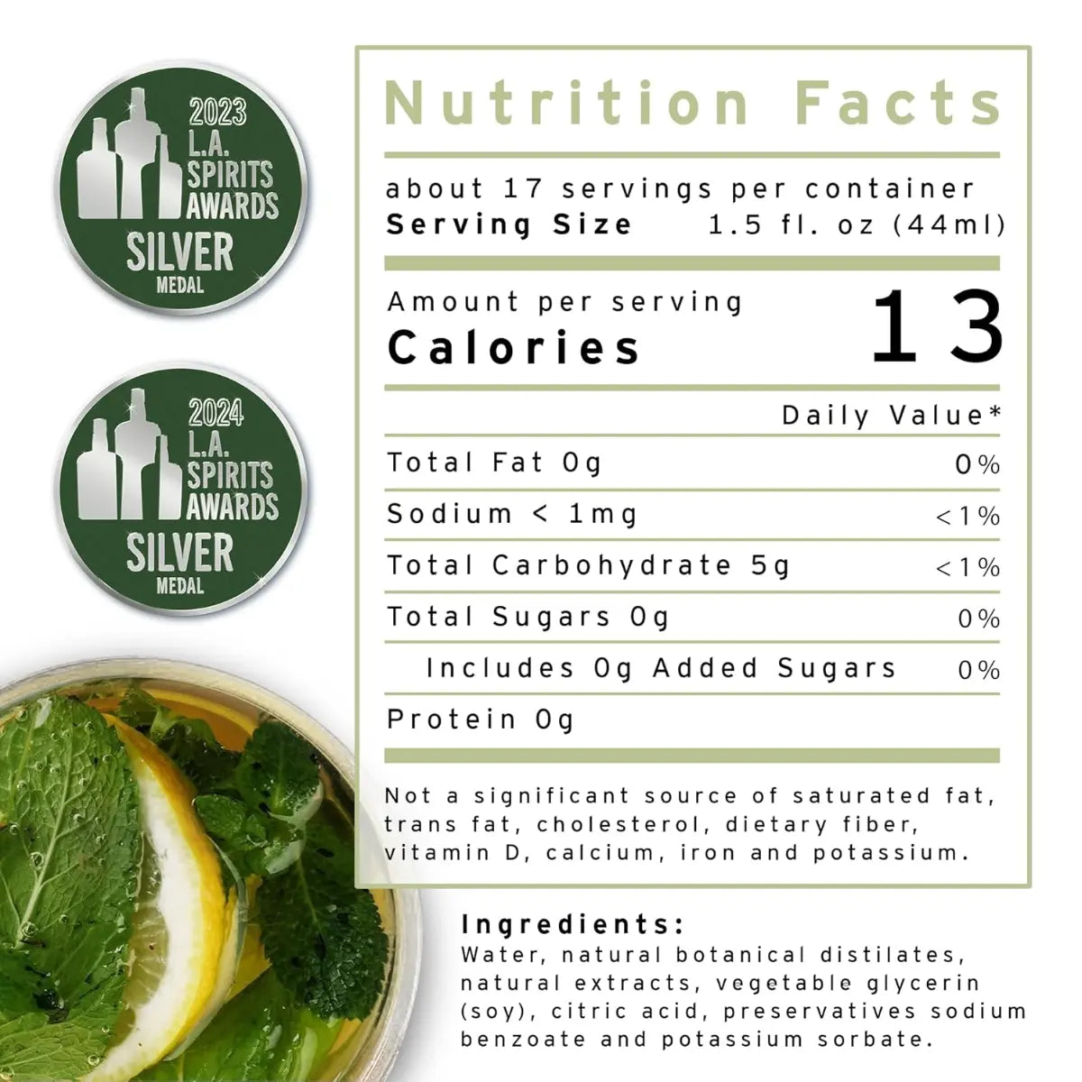 Nutrition facts label with a silver medal award for '2023 L.A. Spirits Awards' on a white background.