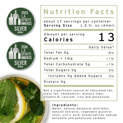 Nutrition facts label with a silver medal award for '2023 L.A. Spirits Awards' on a white background.
