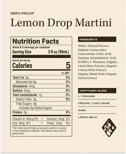 Nutrition facts and ingredients label for a lemon drop martini drink.