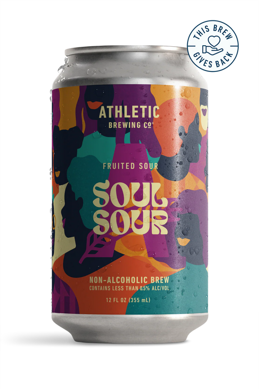 Colorful can of Athletic Brewing Co. Soul Sour non-alcoholic brew on a white background