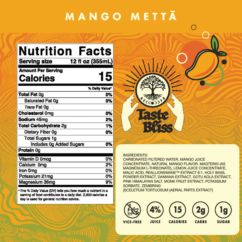 Nutrition facts label and ingredients list for Mango Metta on an orange background with 'Taste Bliss' branding.
