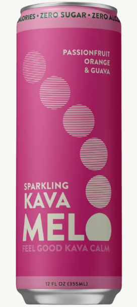 A single can of Sparkling Kava Melo beverage on a plain light background. The can is bright pink with white text and circular line patterns, and the flavor text reads passionfruit, orange, and guava.