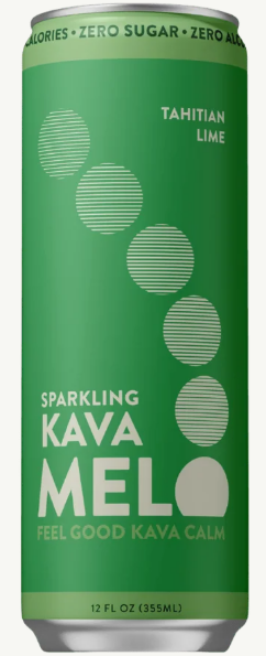 A green can of Sparkling Kava Melo in the Tahitian Lime flavor, featuring white text and circular graphic elements on a solid green background.