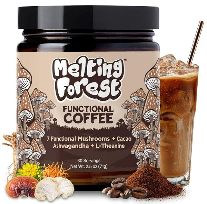 A jar of Melting Forest Functional Coffee shown on a white background with an iced coffee glass, coffee beans, cocoa powder, and mushrooms around it.