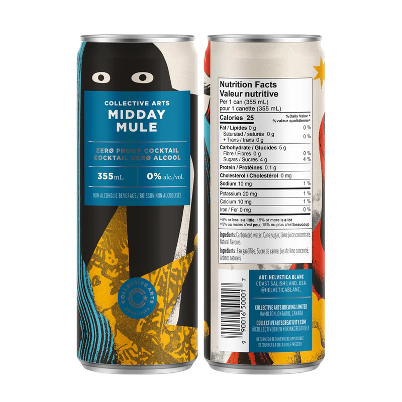 Two cans of 'Collective Arts Midday Mule' zero proof cocktail on a white background