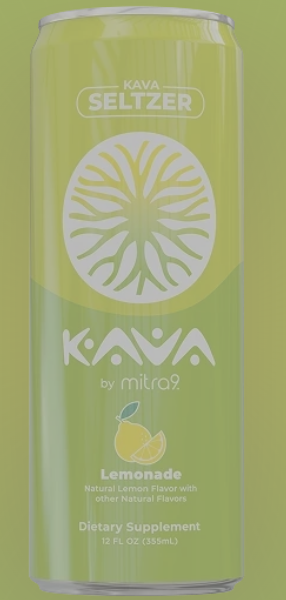 A 12 fl oz can of Kava Seltzer by mitra9 Lemonade, featuring a light green and yellow-green design with a tree logo and a lemon illustration.