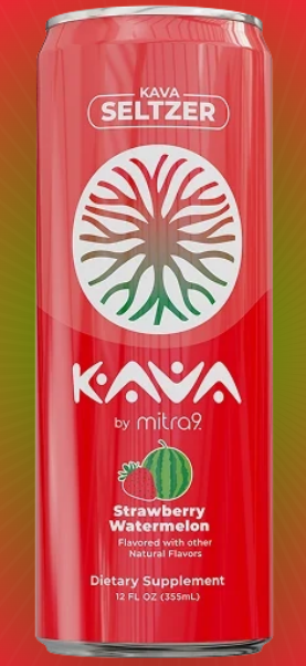 A red can of Kava Seltzer by mitra2, Strawberry Watermelon flavor, shown against a yellow-to-green gradient background.