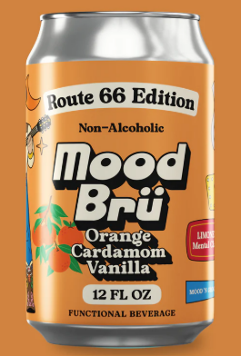 Mood Bru orange cardamom vanilla beverage can on a brown background