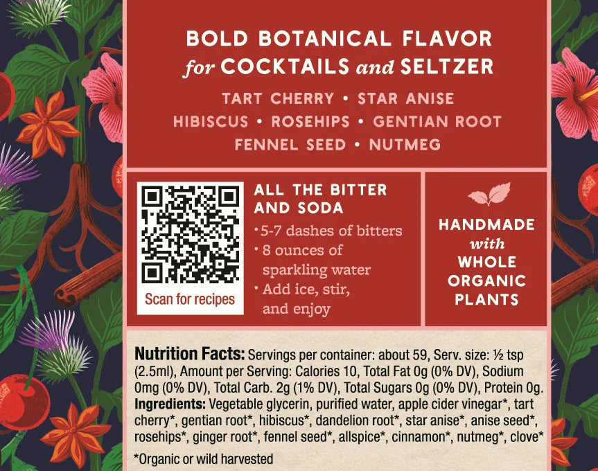 Botanical flavor label for cocktails and seltzer with floral and plant illustrations.