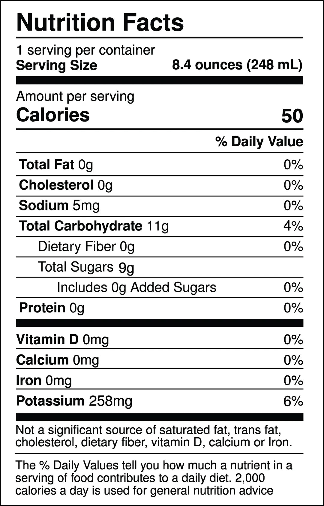 Nutrition facts label for a product with serving size, calories, and nutritional content details.
