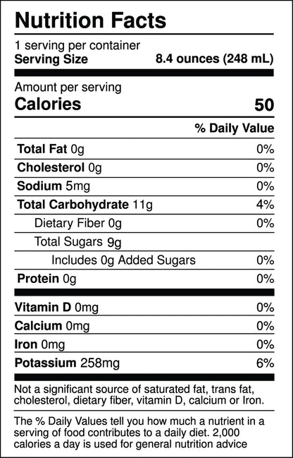 Nutrition facts label for a product with serving size, calories, and nutritional content details.